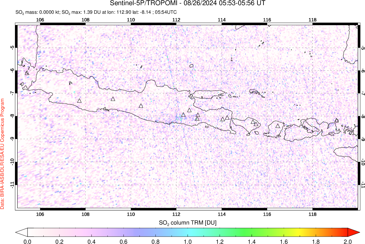 A sulfur dioxide image over Java, Indonesia on Aug 26, 2024.