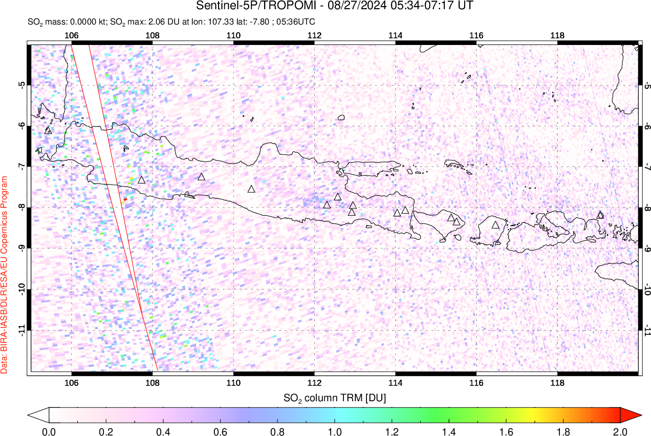 A sulfur dioxide image over Java, Indonesia on Aug 27, 2024.