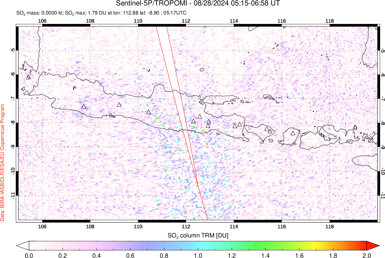 A sulfur dioxide image over Java, Indonesia on Aug 28, 2024.