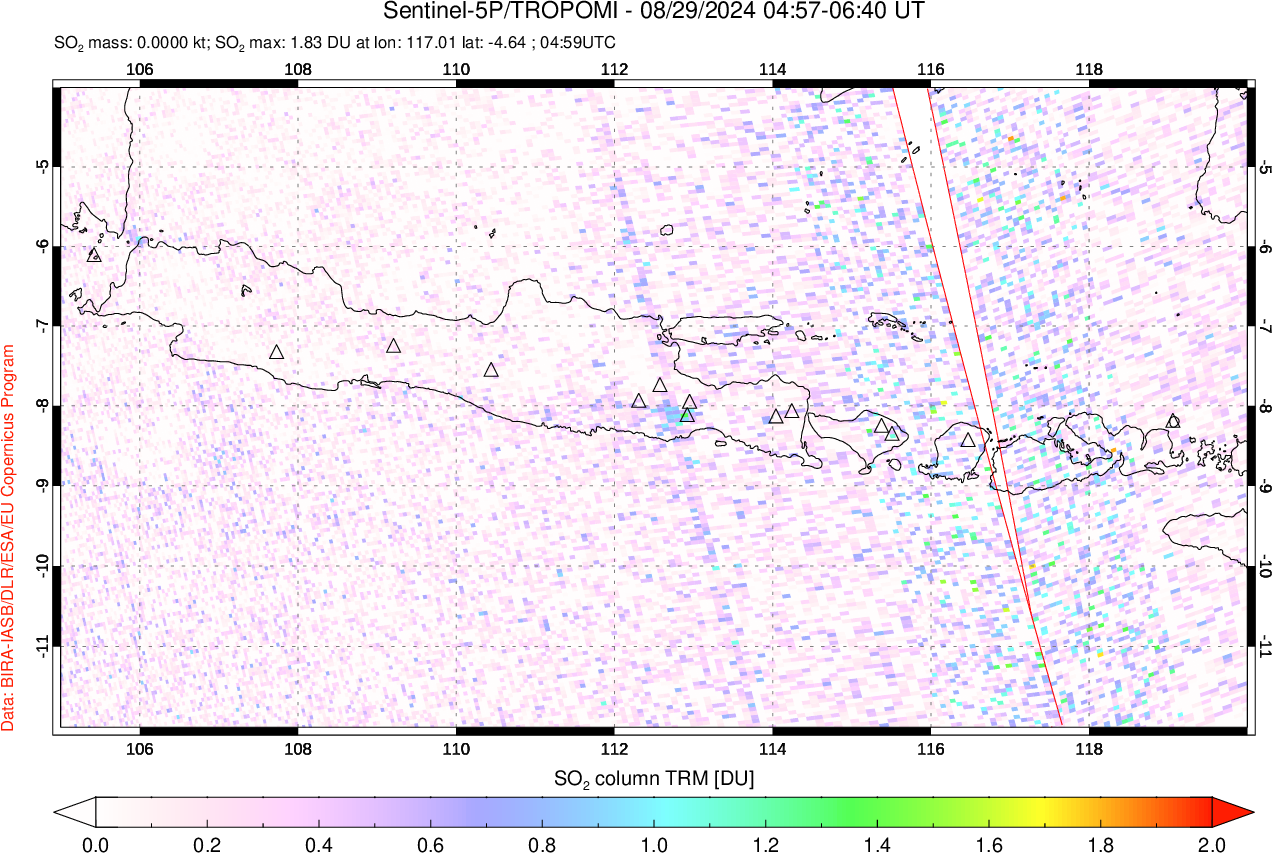 A sulfur dioxide image over Java, Indonesia on Aug 29, 2024.