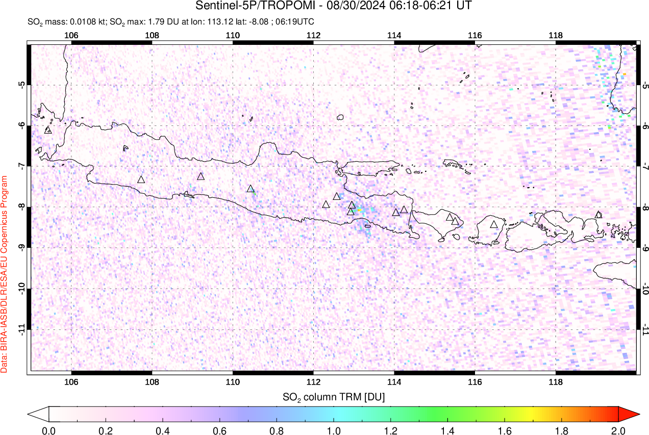 A sulfur dioxide image over Java, Indonesia on Aug 30, 2024.