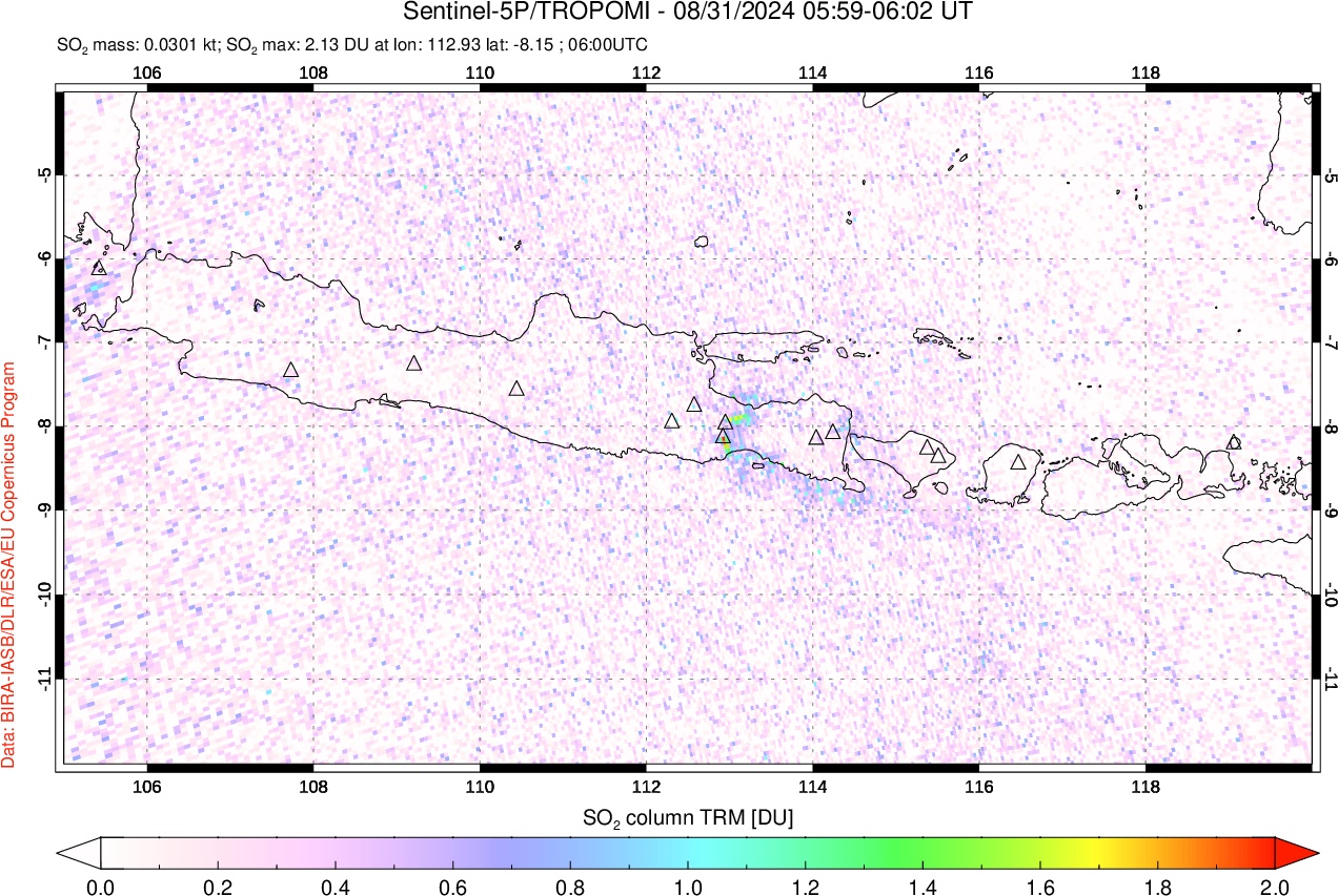 A sulfur dioxide image over Java, Indonesia on Aug 31, 2024.