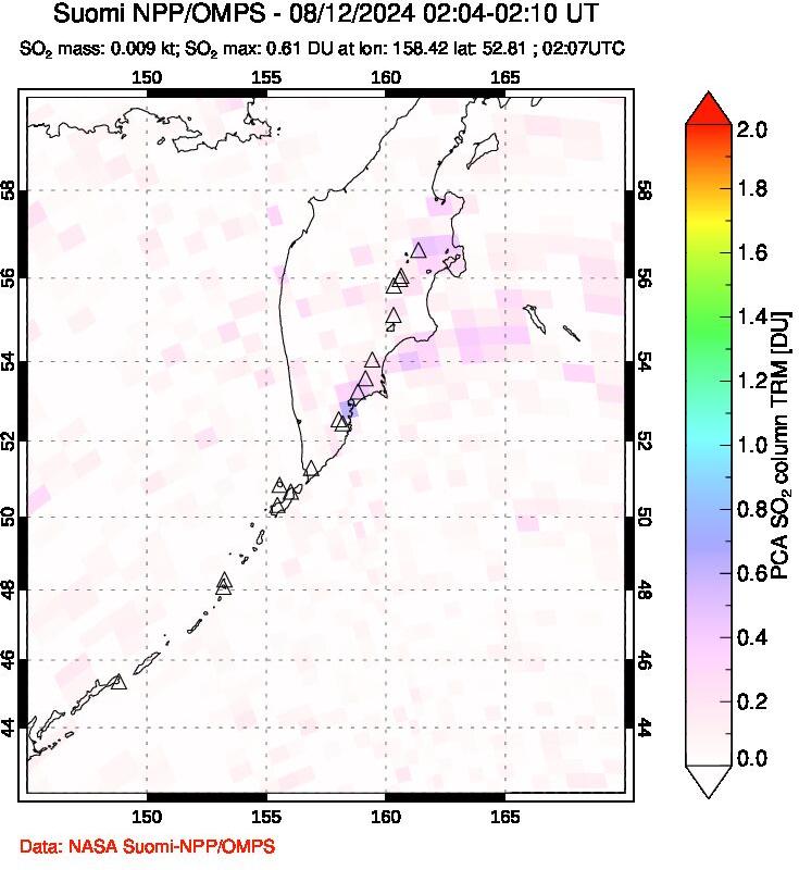 A sulfur dioxide image over Kamchatka, Russian Federation on Aug 12, 2024.