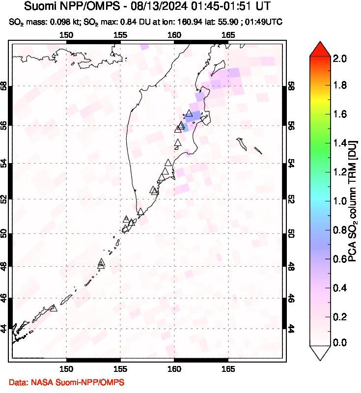 A sulfur dioxide image over Kamchatka, Russian Federation on Aug 13, 2024.