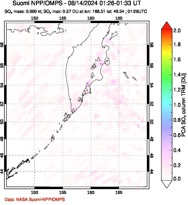 A sulfur dioxide image over Kamchatka, Russian Federation on Aug 14, 2024.