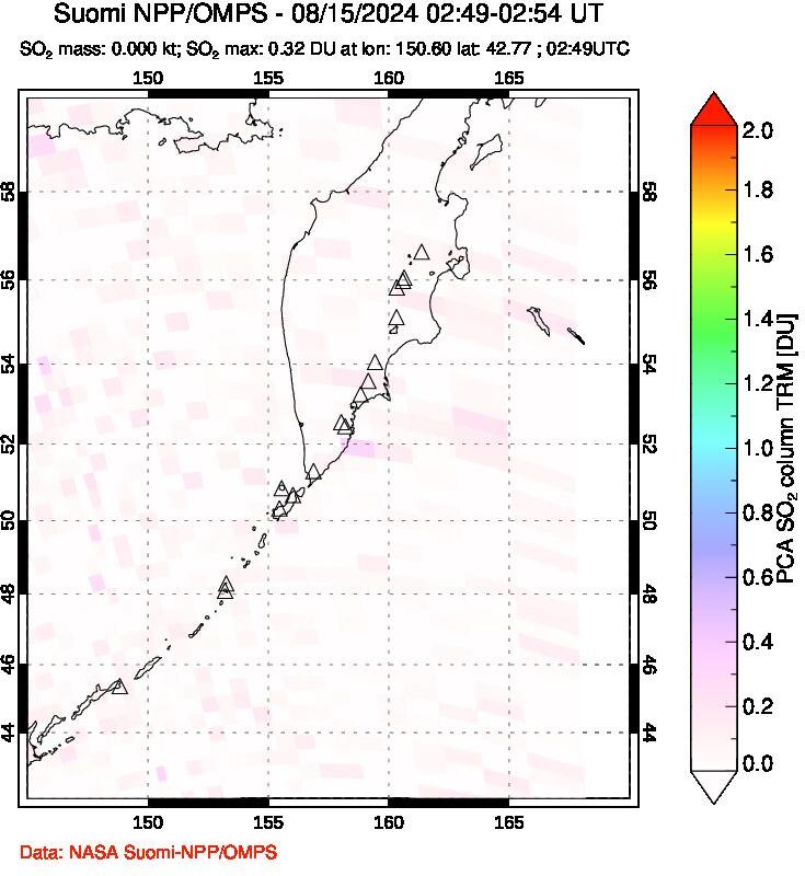 A sulfur dioxide image over Kamchatka, Russian Federation on Aug 15, 2024.