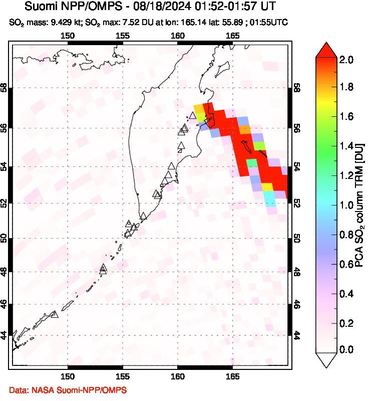 A sulfur dioxide image over Kamchatka, Russian Federation on Aug 18, 2024.