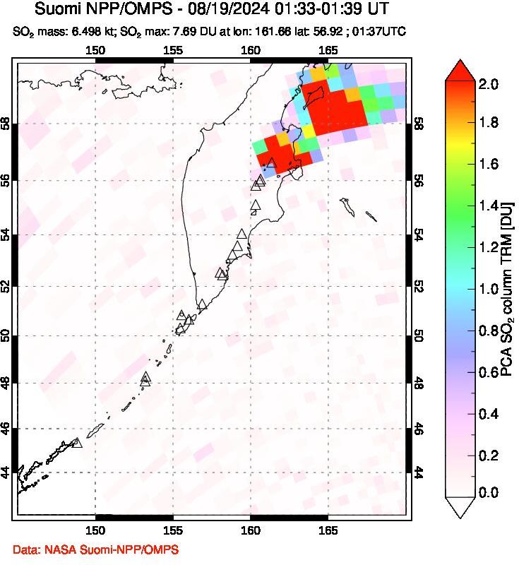 A sulfur dioxide image over Kamchatka, Russian Federation on Aug 19, 2024.