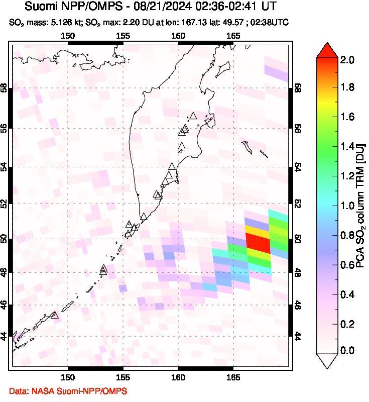 A sulfur dioxide image over Kamchatka, Russian Federation on Aug 21, 2024.