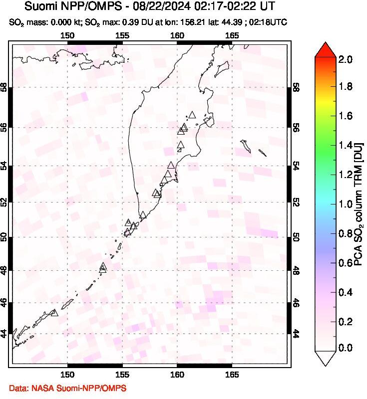 A sulfur dioxide image over Kamchatka, Russian Federation on Aug 22, 2024.