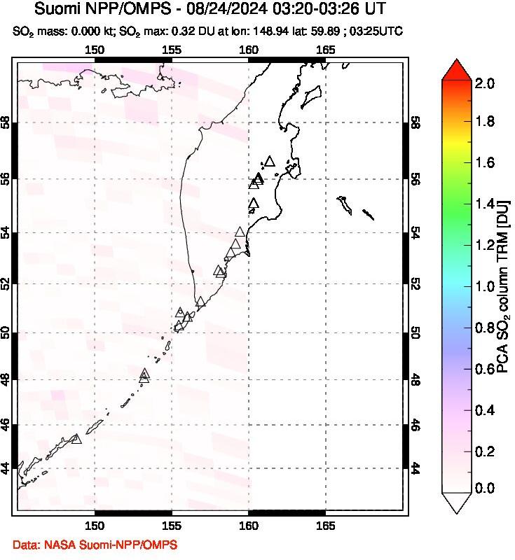 A sulfur dioxide image over Kamchatka, Russian Federation on Aug 24, 2024.