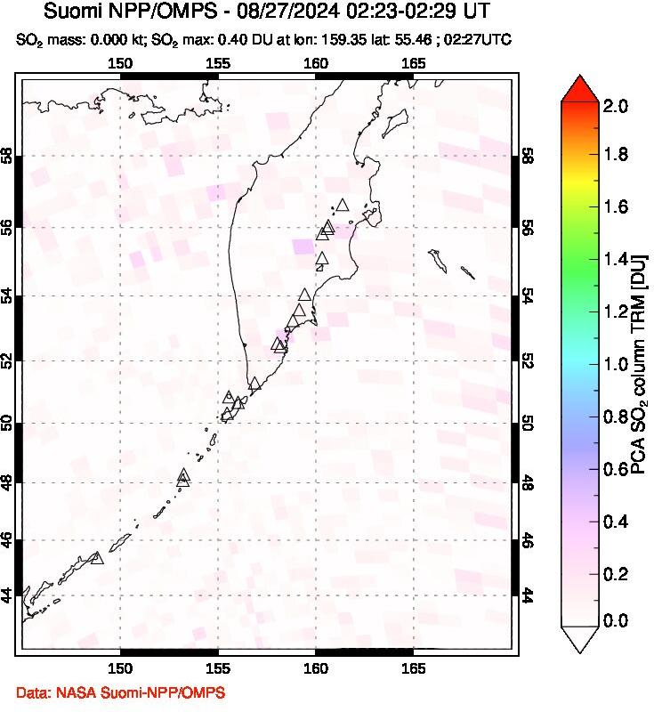 A sulfur dioxide image over Kamchatka, Russian Federation on Aug 27, 2024.