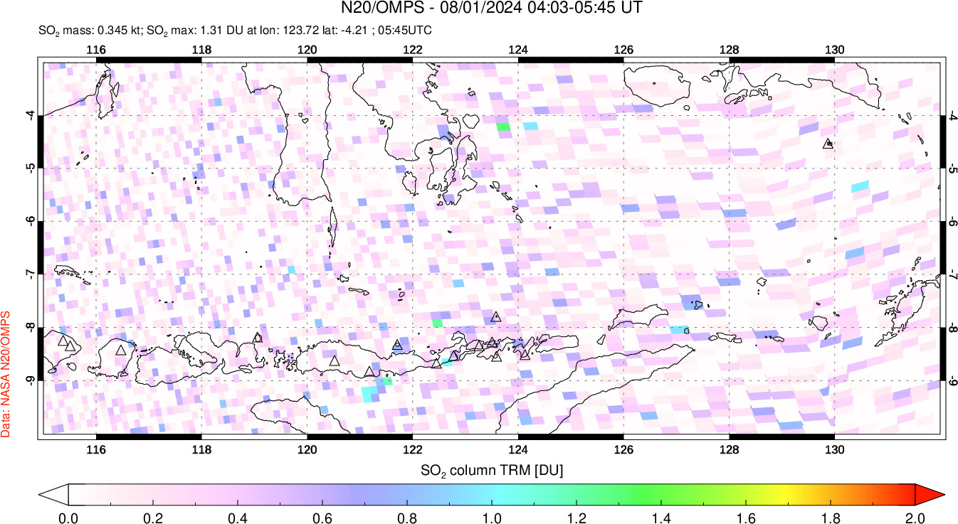 A sulfur dioxide image over Lesser Sunda Islands, Indonesia on Aug 01, 2024.