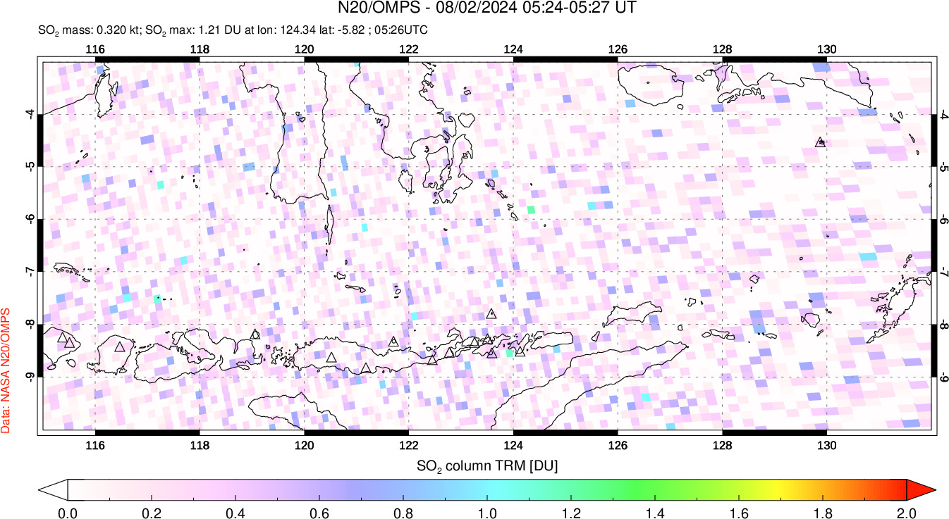 A sulfur dioxide image over Lesser Sunda Islands, Indonesia on Aug 02, 2024.