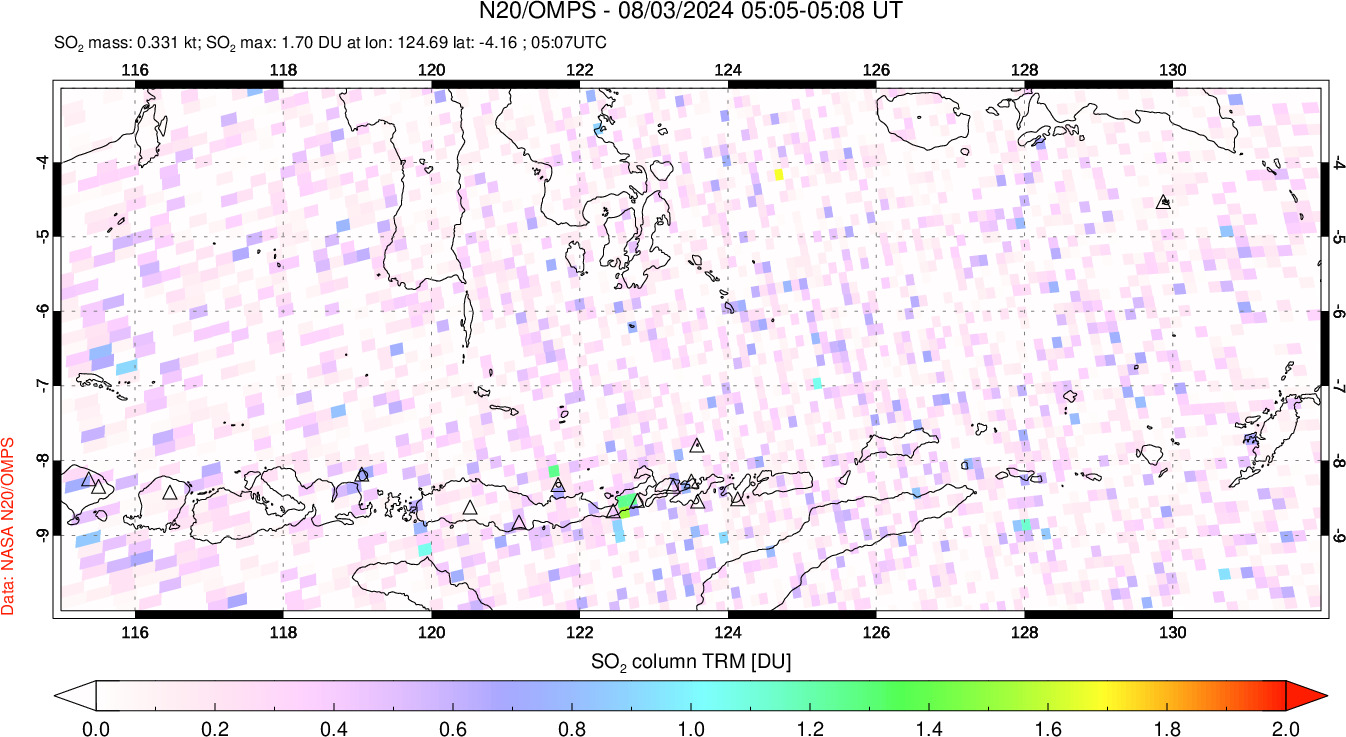 A sulfur dioxide image over Lesser Sunda Islands, Indonesia on Aug 03, 2024.