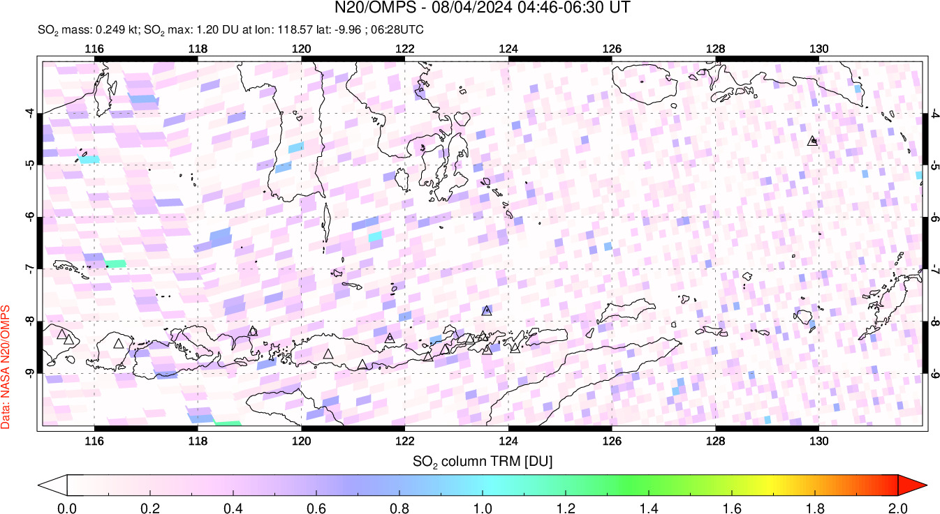 A sulfur dioxide image over Lesser Sunda Islands, Indonesia on Aug 04, 2024.