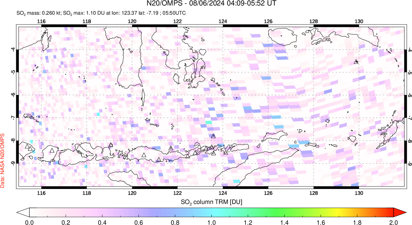 A sulfur dioxide image over Lesser Sunda Islands, Indonesia on Aug 06, 2024.