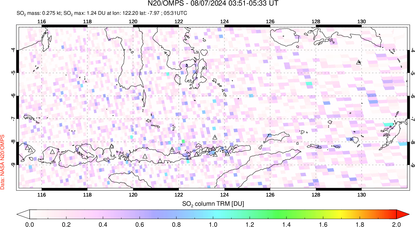 A sulfur dioxide image over Lesser Sunda Islands, Indonesia on Aug 07, 2024.