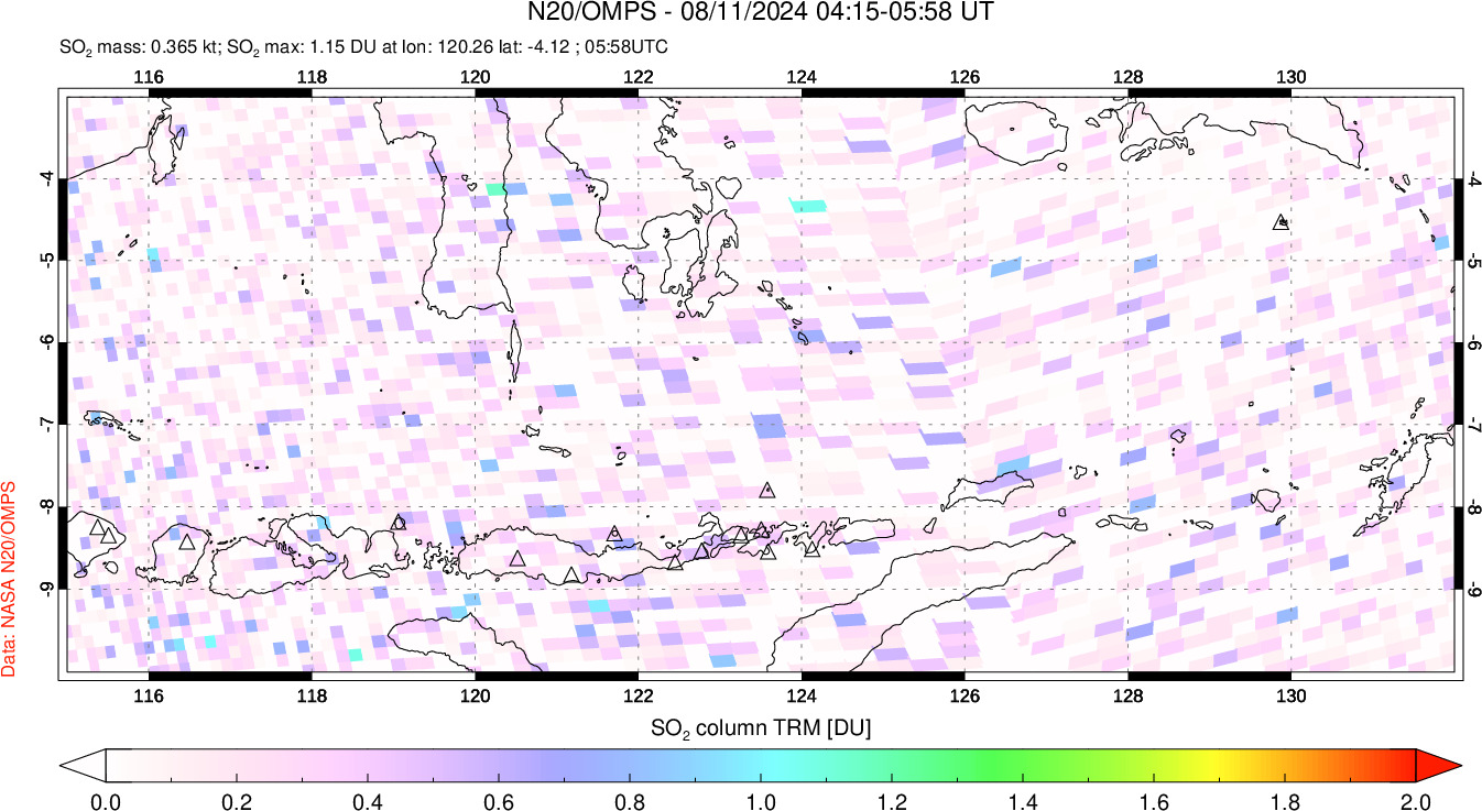 A sulfur dioxide image over Lesser Sunda Islands, Indonesia on Aug 11, 2024.