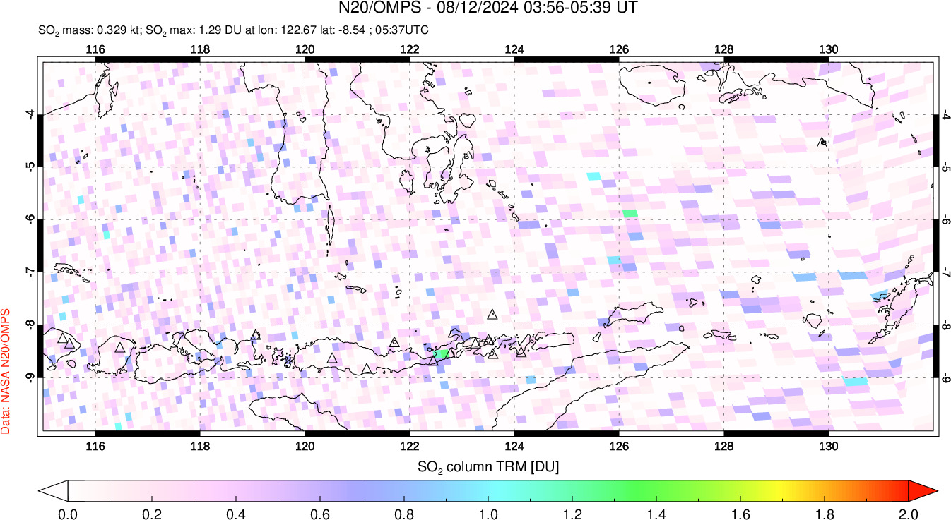 A sulfur dioxide image over Lesser Sunda Islands, Indonesia on Aug 12, 2024.