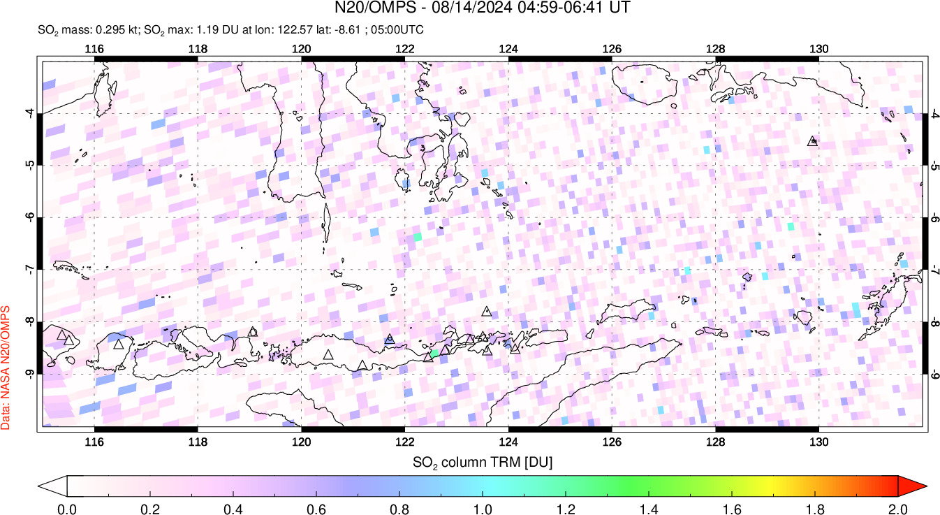 A sulfur dioxide image over Lesser Sunda Islands, Indonesia on Aug 14, 2024.