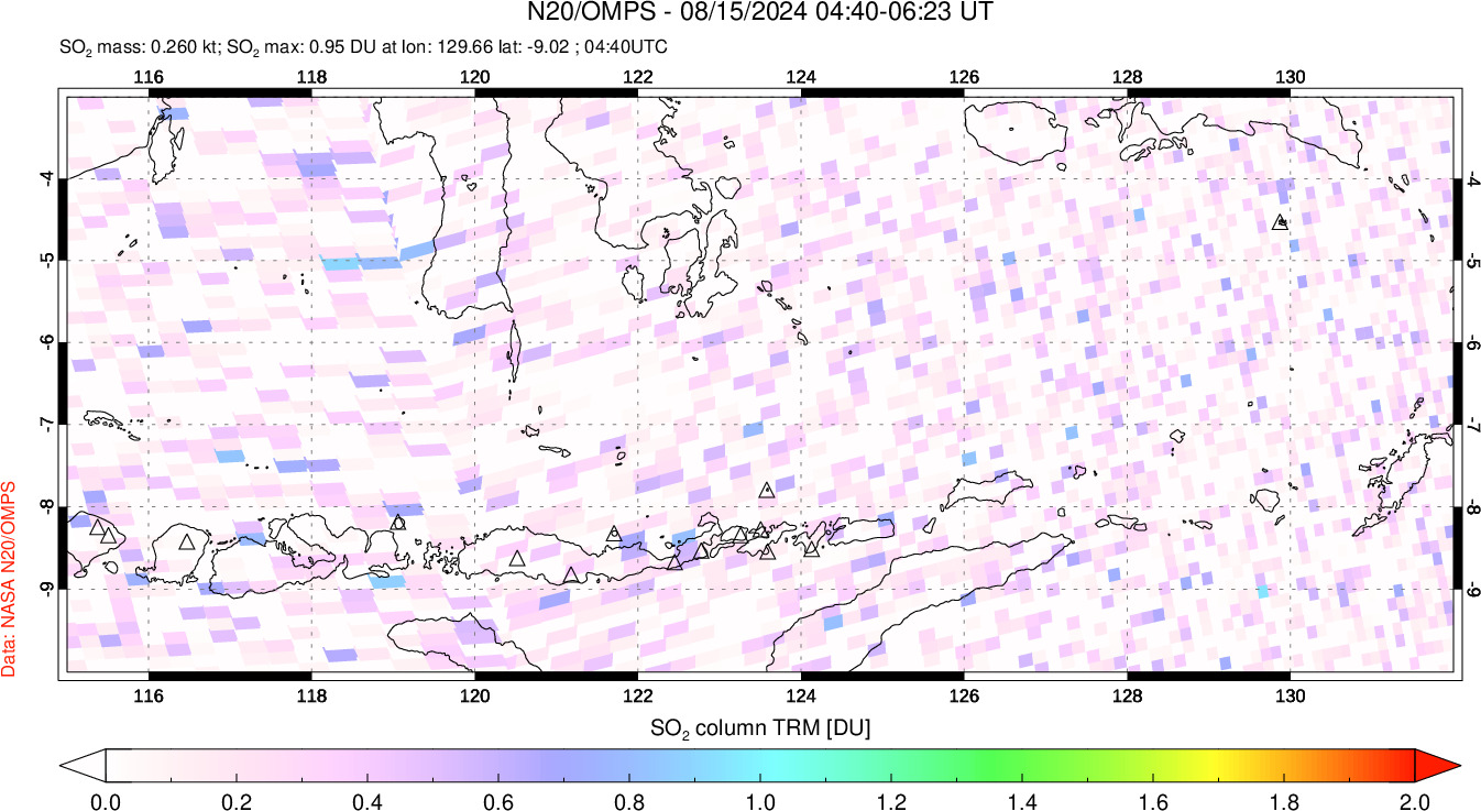 A sulfur dioxide image over Lesser Sunda Islands, Indonesia on Aug 15, 2024.