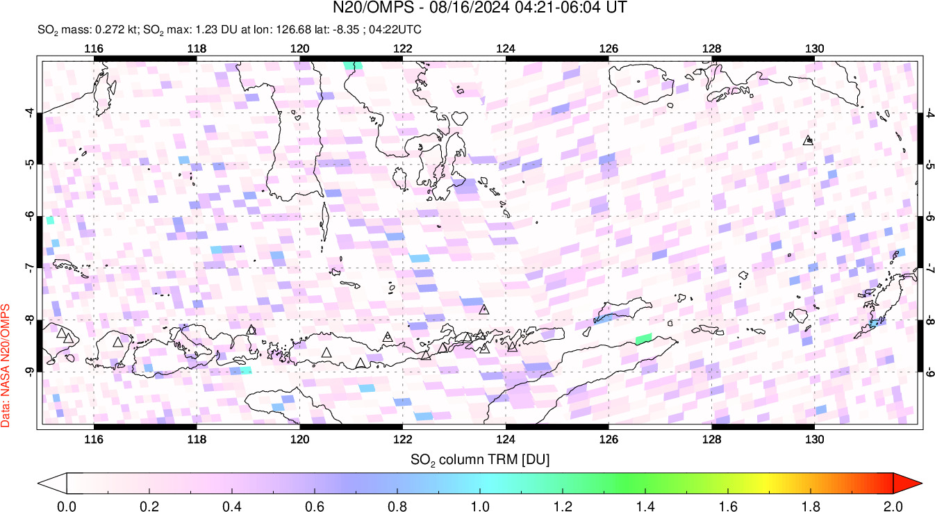 A sulfur dioxide image over Lesser Sunda Islands, Indonesia on Aug 16, 2024.