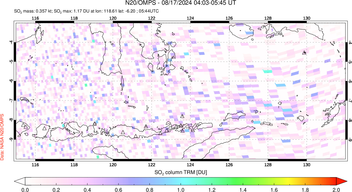 A sulfur dioxide image over Lesser Sunda Islands, Indonesia on Aug 17, 2024.