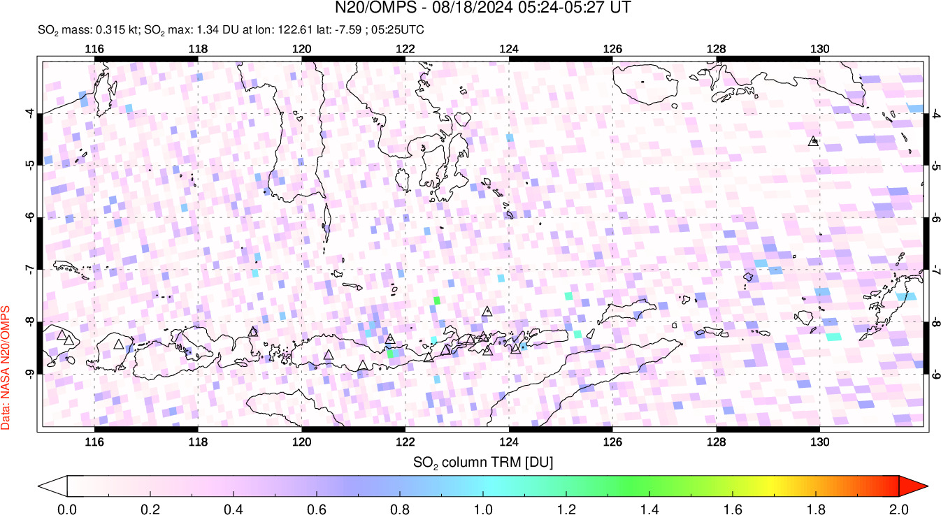 A sulfur dioxide image over Lesser Sunda Islands, Indonesia on Aug 18, 2024.