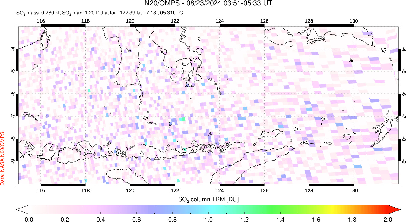 A sulfur dioxide image over Lesser Sunda Islands, Indonesia on Aug 23, 2024.