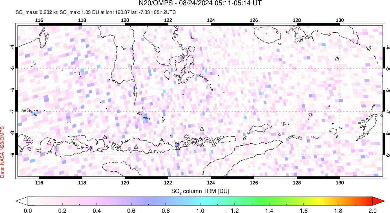 A sulfur dioxide image over Lesser Sunda Islands, Indonesia on Aug 24, 2024.