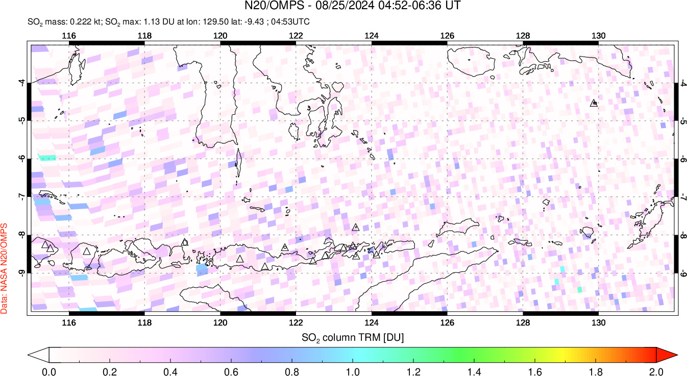 A sulfur dioxide image over Lesser Sunda Islands, Indonesia on Aug 25, 2024.