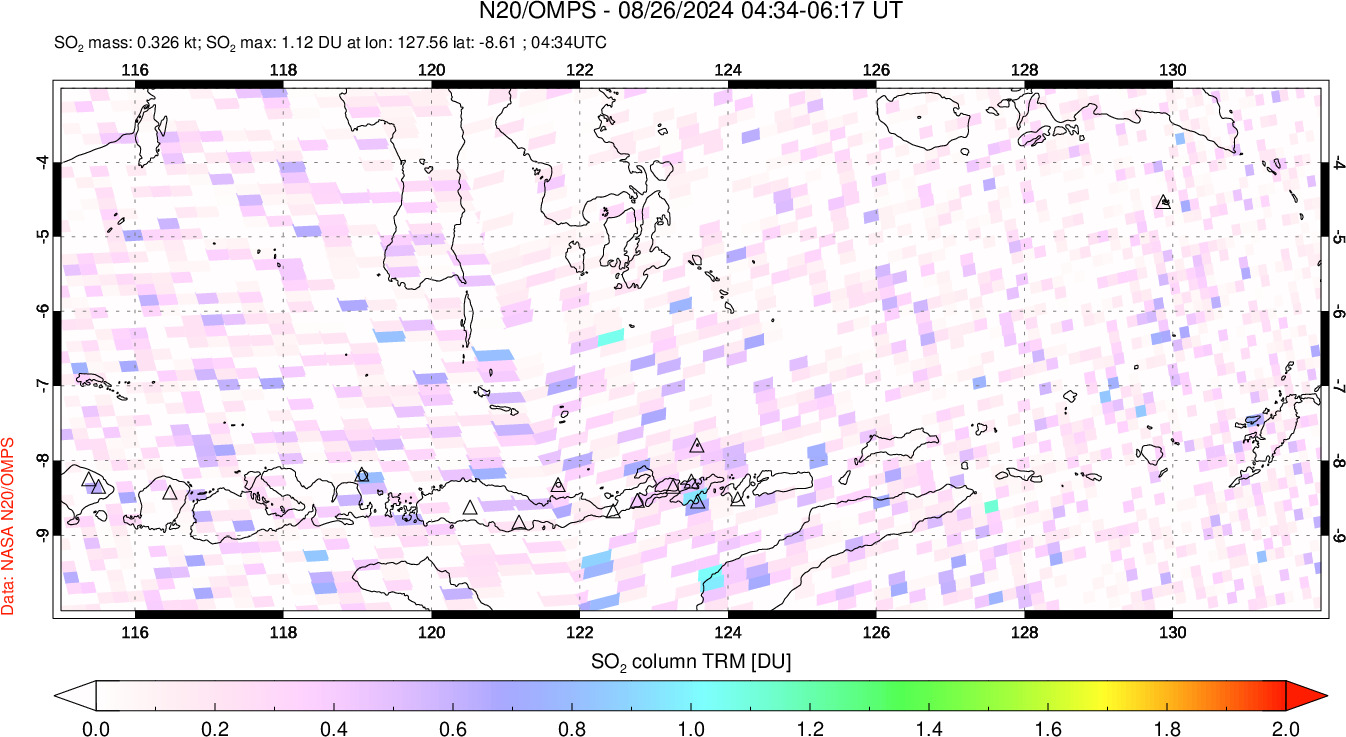 A sulfur dioxide image over Lesser Sunda Islands, Indonesia on Aug 26, 2024.