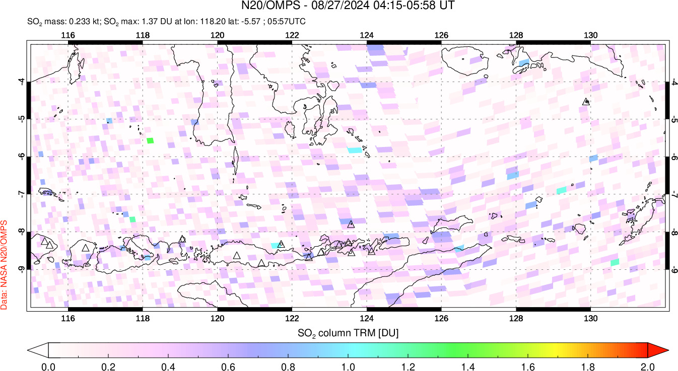 A sulfur dioxide image over Lesser Sunda Islands, Indonesia on Aug 27, 2024.