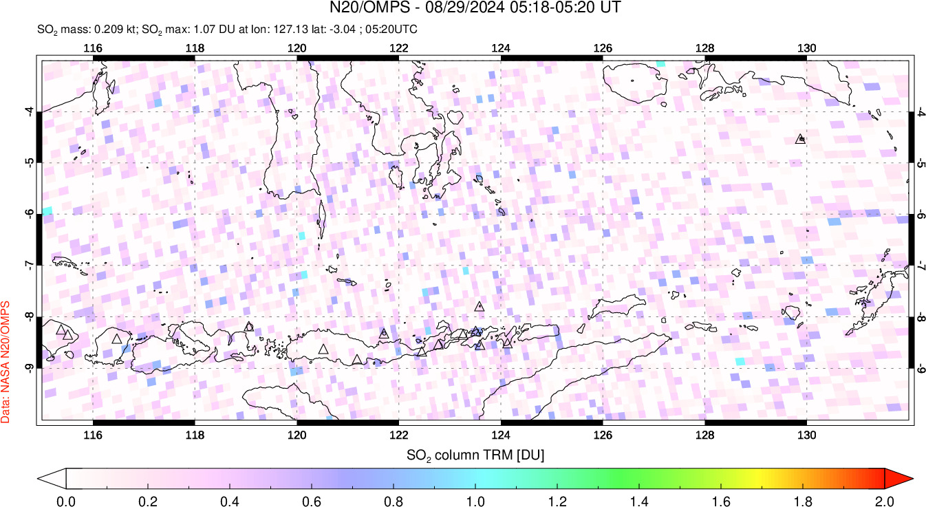 A sulfur dioxide image over Lesser Sunda Islands, Indonesia on Aug 29, 2024.