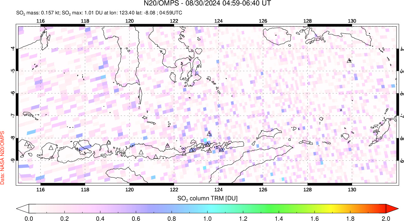 A sulfur dioxide image over Lesser Sunda Islands, Indonesia on Aug 30, 2024.