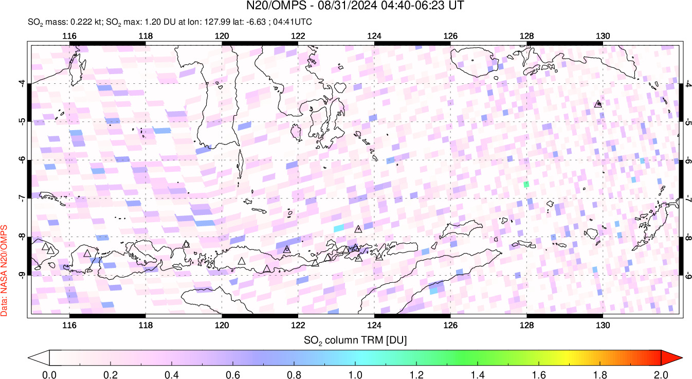 A sulfur dioxide image over Lesser Sunda Islands, Indonesia on Aug 31, 2024.