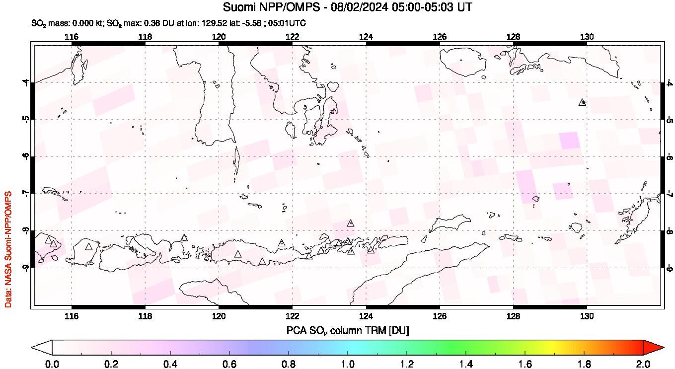 A sulfur dioxide image over Lesser Sunda Islands, Indonesia on Aug 02, 2024.