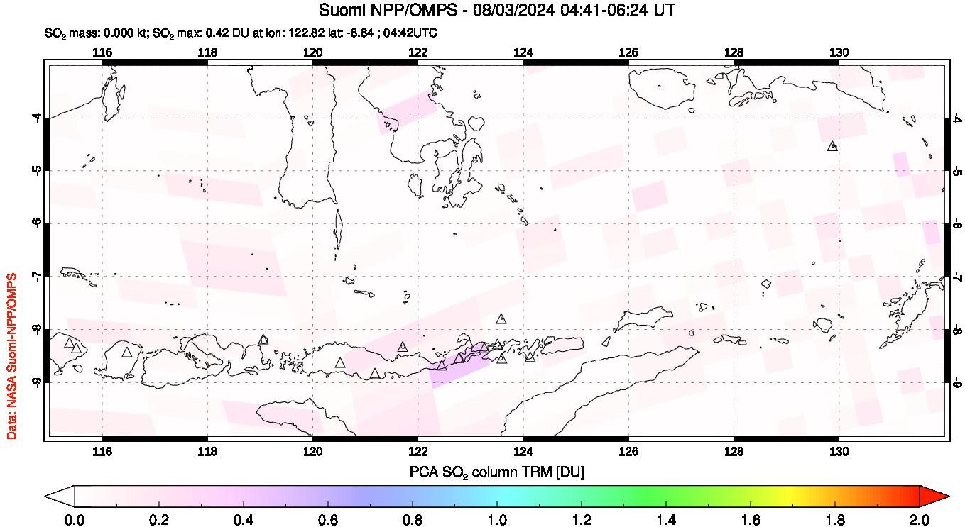 A sulfur dioxide image over Lesser Sunda Islands, Indonesia on Aug 03, 2024.