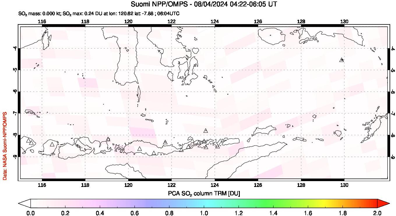 A sulfur dioxide image over Lesser Sunda Islands, Indonesia on Aug 04, 2024.