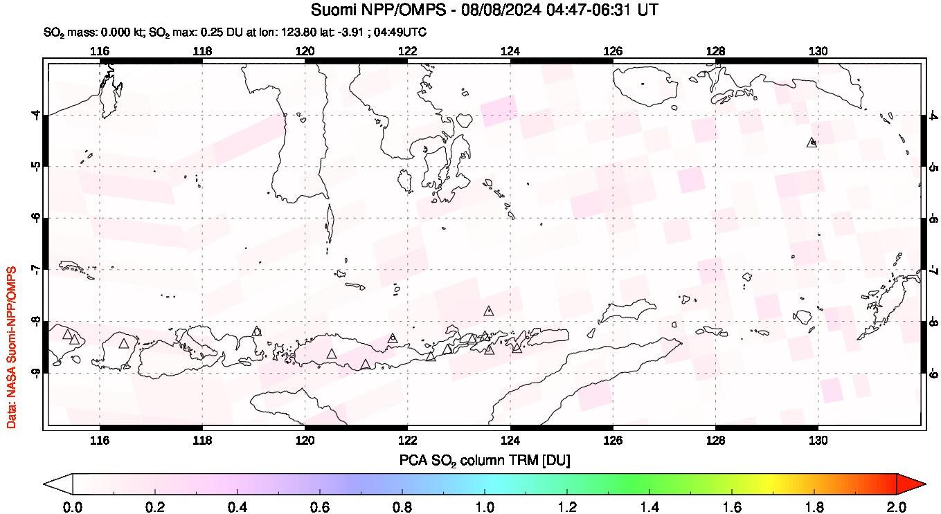 A sulfur dioxide image over Lesser Sunda Islands, Indonesia on Aug 08, 2024.