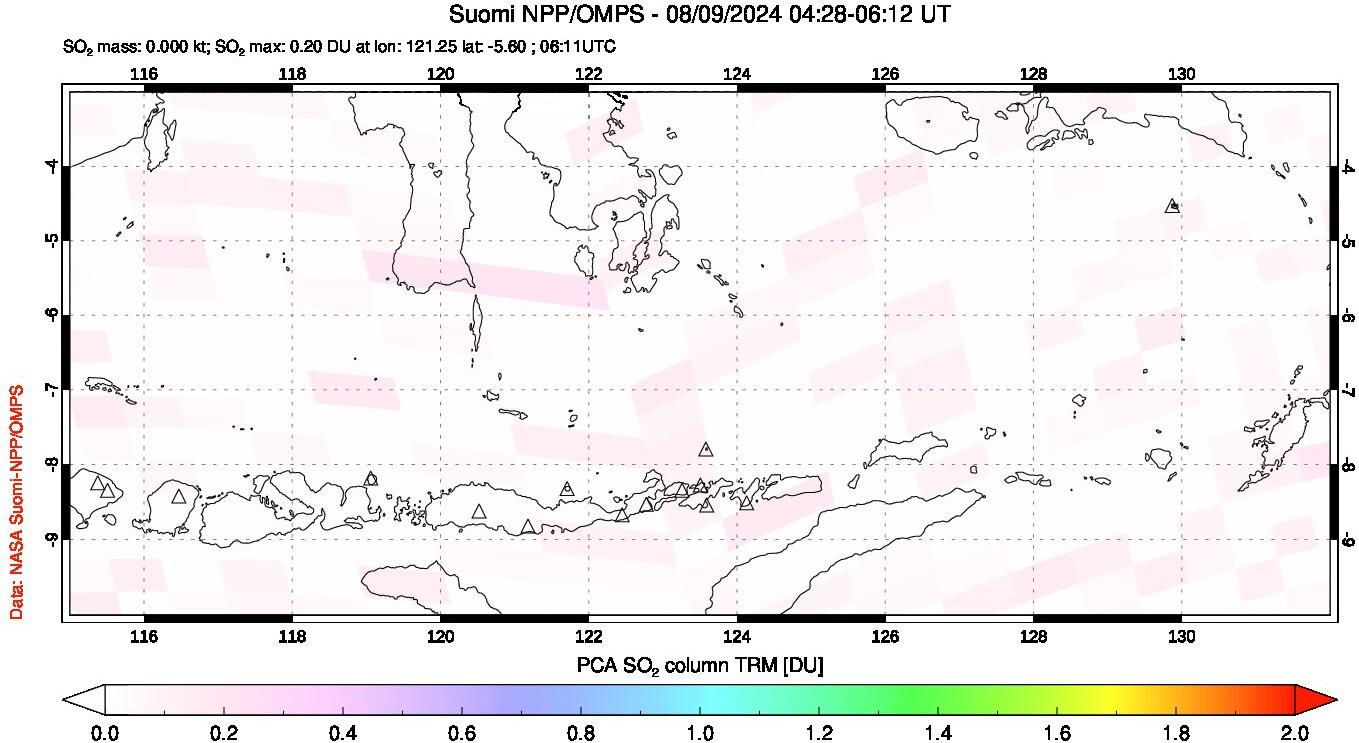 A sulfur dioxide image over Lesser Sunda Islands, Indonesia on Aug 09, 2024.