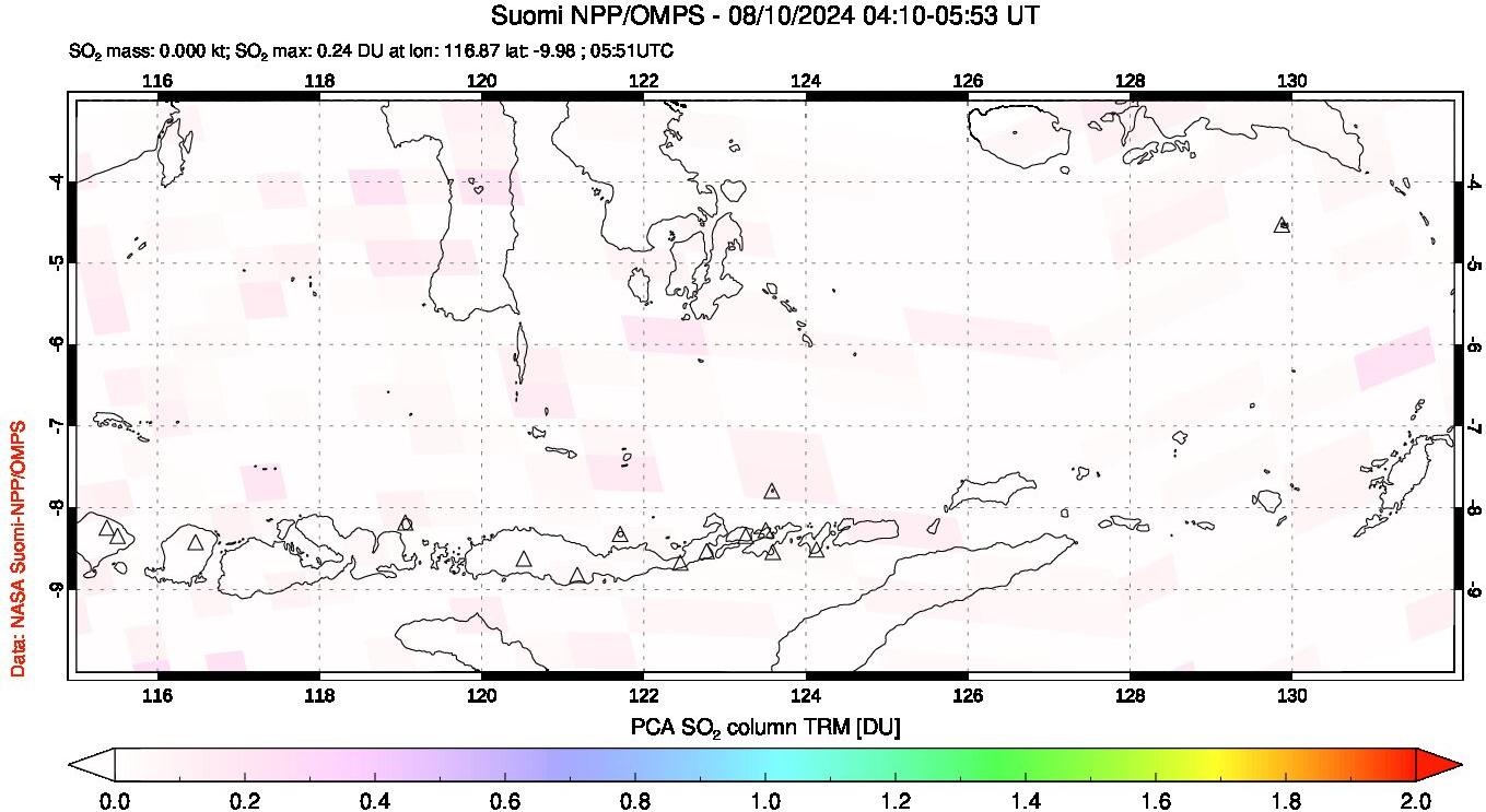 A sulfur dioxide image over Lesser Sunda Islands, Indonesia on Aug 10, 2024.