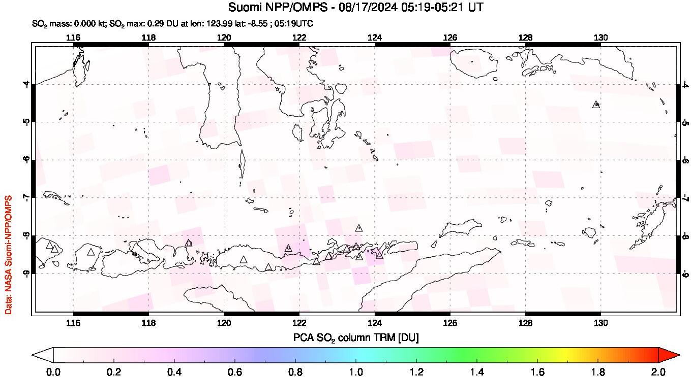 A sulfur dioxide image over Lesser Sunda Islands, Indonesia on Aug 17, 2024.