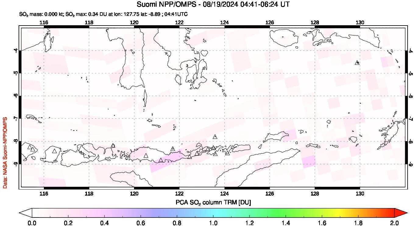 A sulfur dioxide image over Lesser Sunda Islands, Indonesia on Aug 19, 2024.