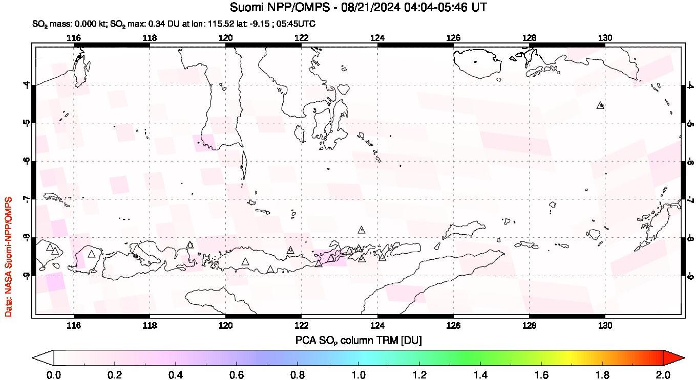 A sulfur dioxide image over Lesser Sunda Islands, Indonesia on Aug 21, 2024.