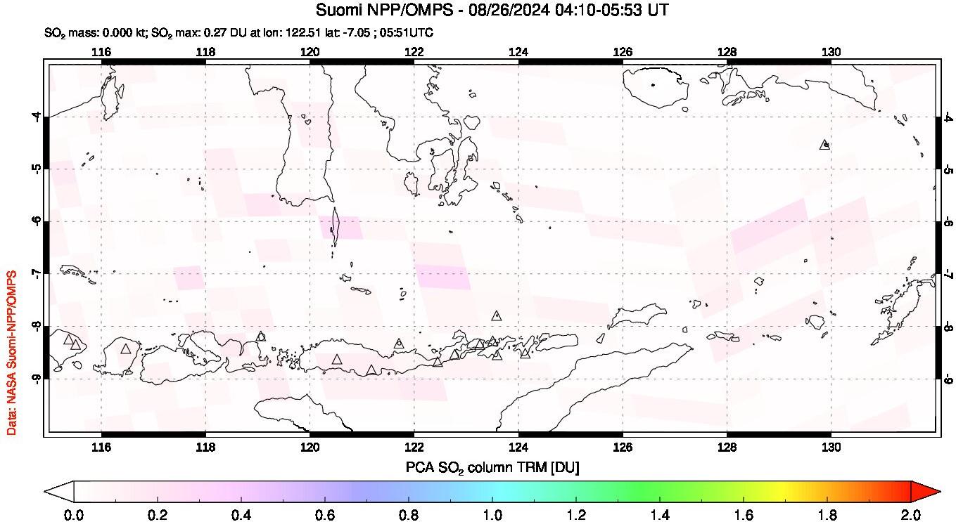 A sulfur dioxide image over Lesser Sunda Islands, Indonesia on Aug 26, 2024.