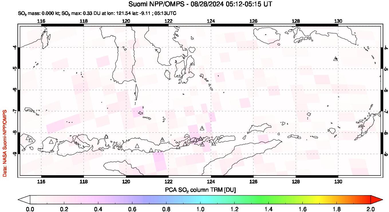 A sulfur dioxide image over Lesser Sunda Islands, Indonesia on Aug 28, 2024.