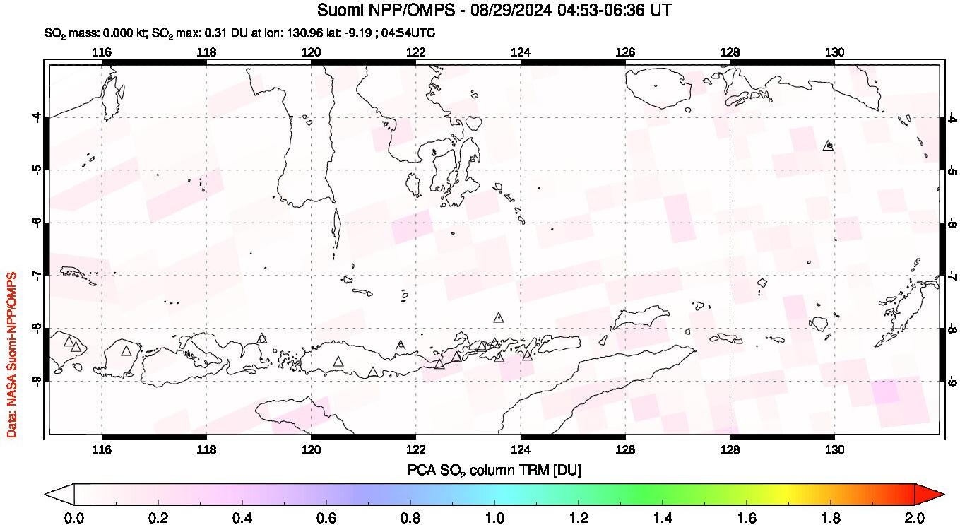 A sulfur dioxide image over Lesser Sunda Islands, Indonesia on Aug 29, 2024.