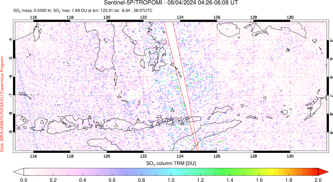 A sulfur dioxide image over Lesser Sunda Islands, Indonesia on Aug 04, 2024.